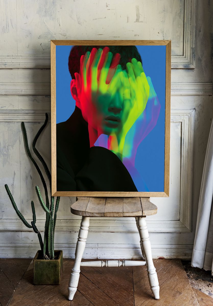 Neon Face Glitch Portrait Print. room preview