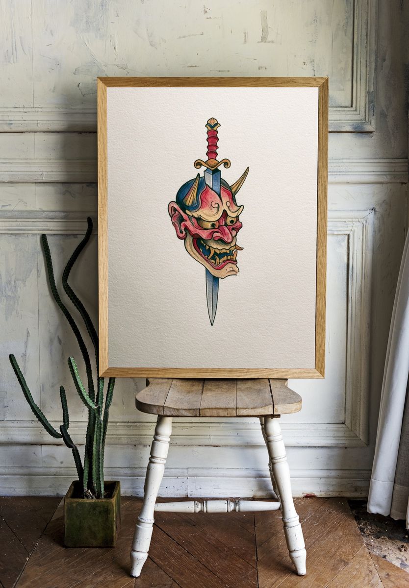 Samurai Demon Mask Illustration Poster. room preview