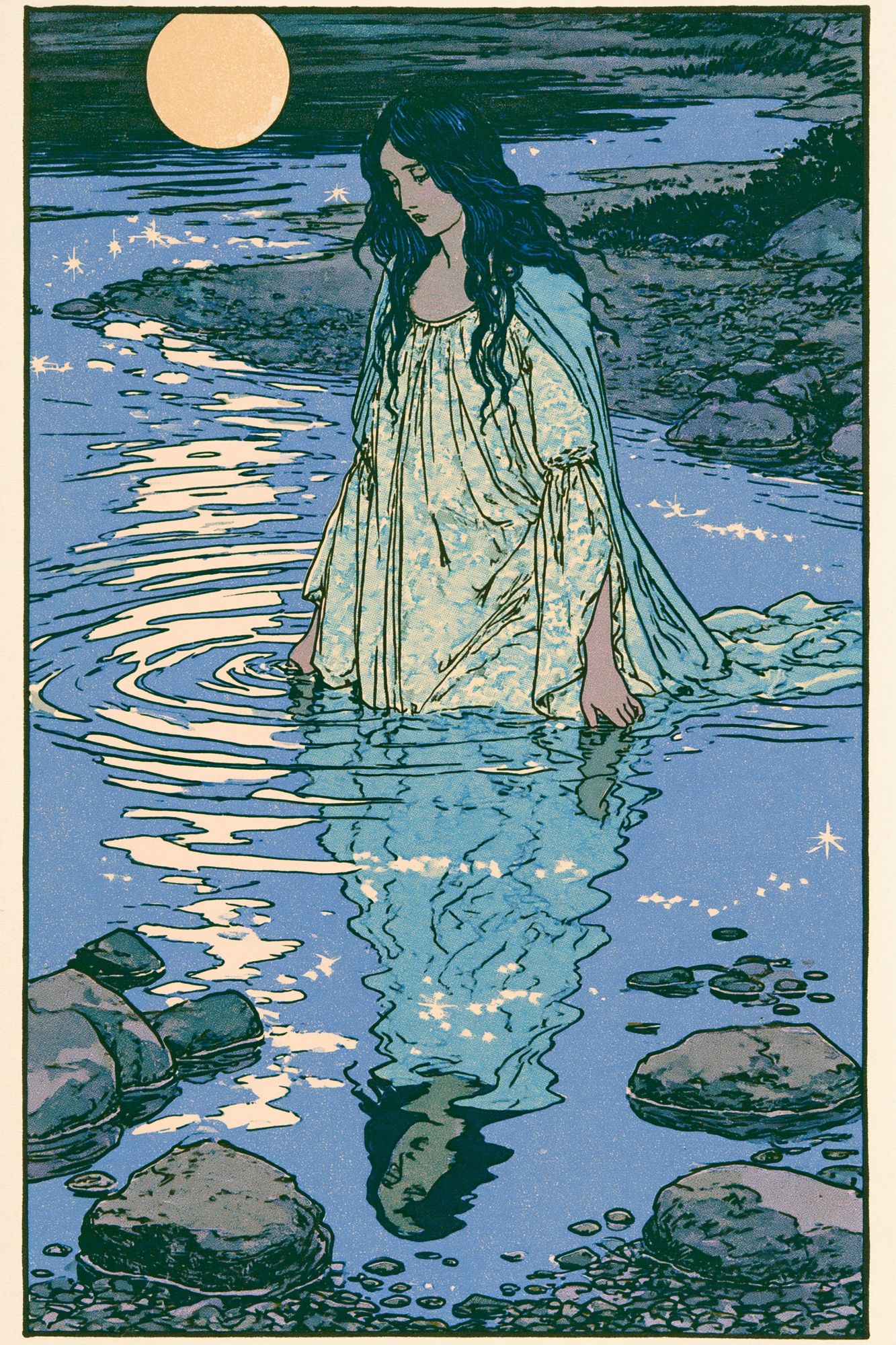 Moonlit River Maiden Illustration Print. poster — illustration art