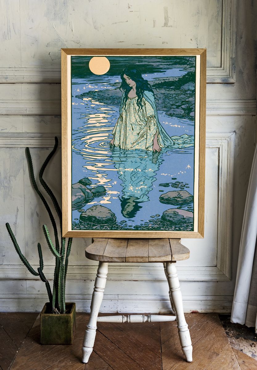 Moonlit River Maiden Illustration Print. room preview