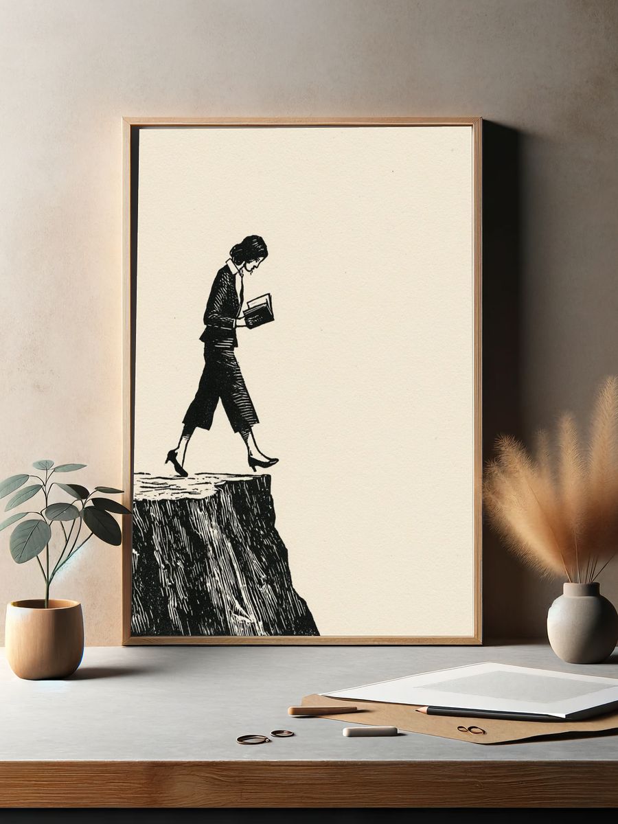 Woman on Cliff Ink Print. — room view 2