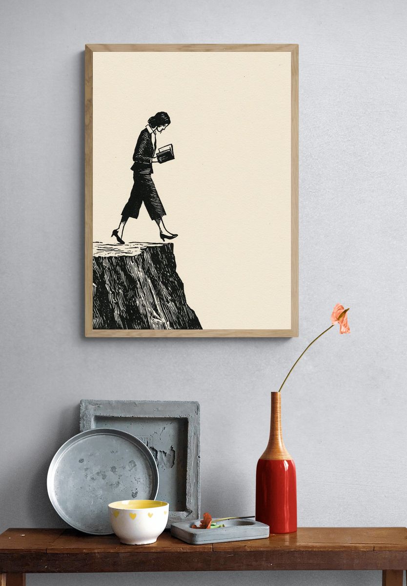 Woman on Cliff Ink Print. — room view 3