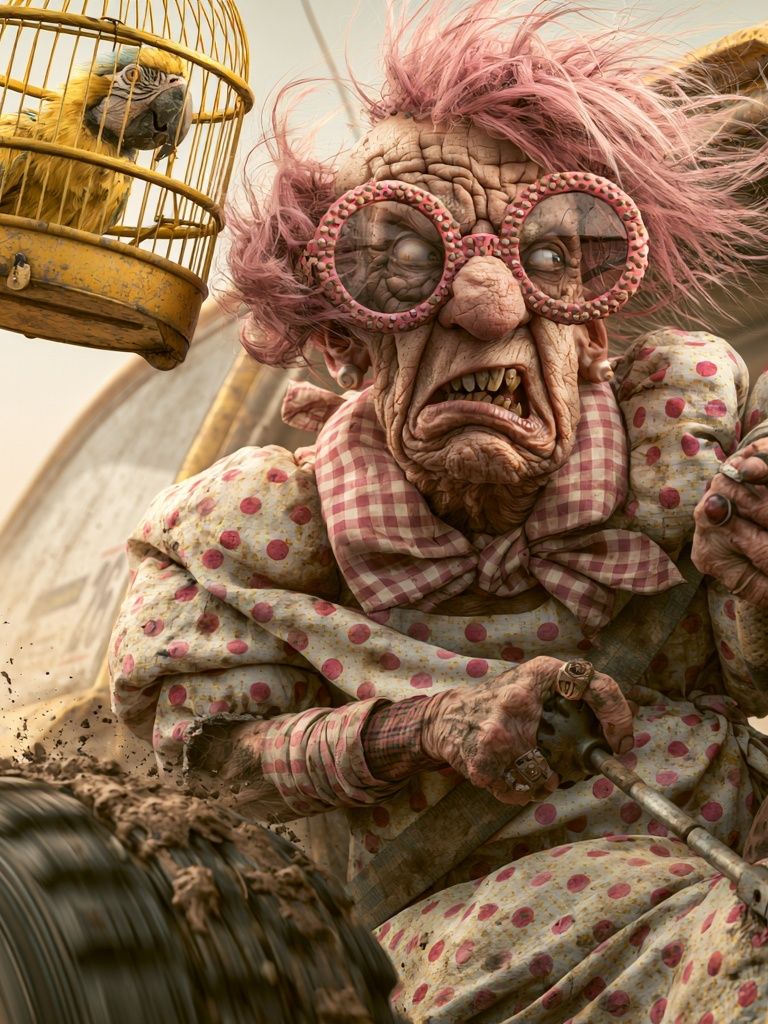 Creepy Granny and Parrot Illustration Poster. poster detail