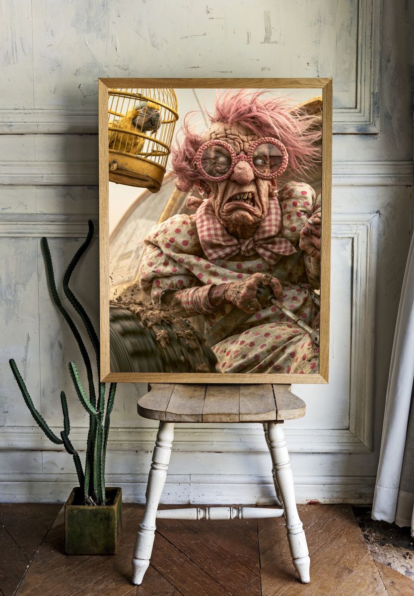 Creepy Granny and Parrot Illustration Poster. room preview