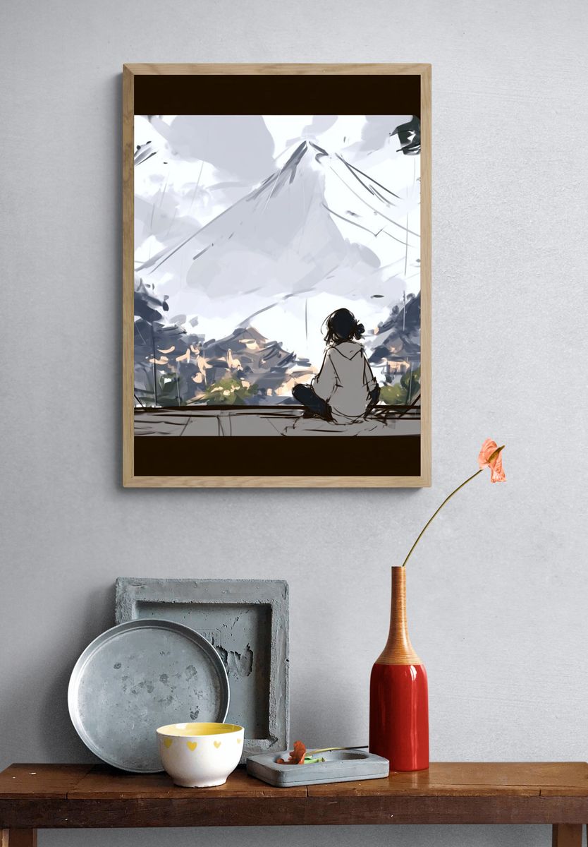 Mountain View Meditation Illustration Poster. — room view 3