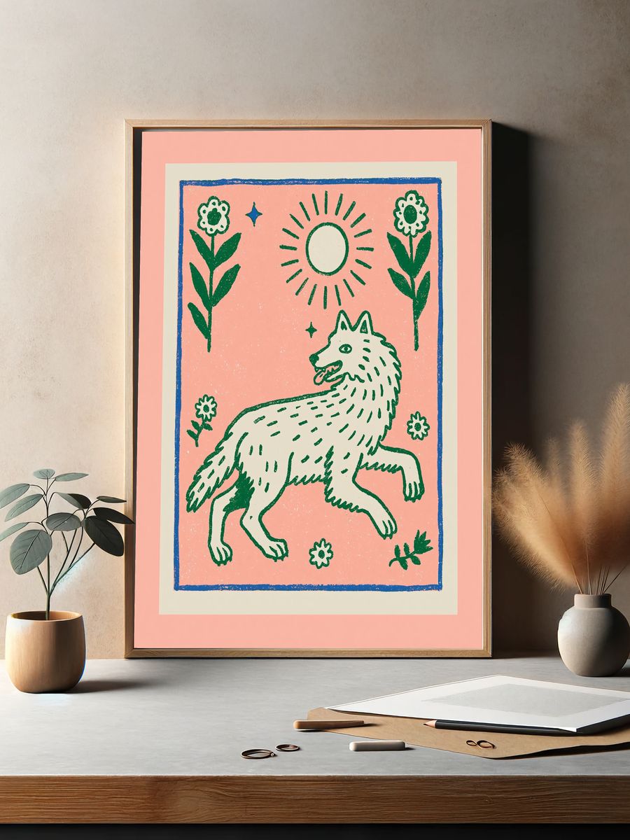 Wolf Floral Folk Art Poster. — room view 2