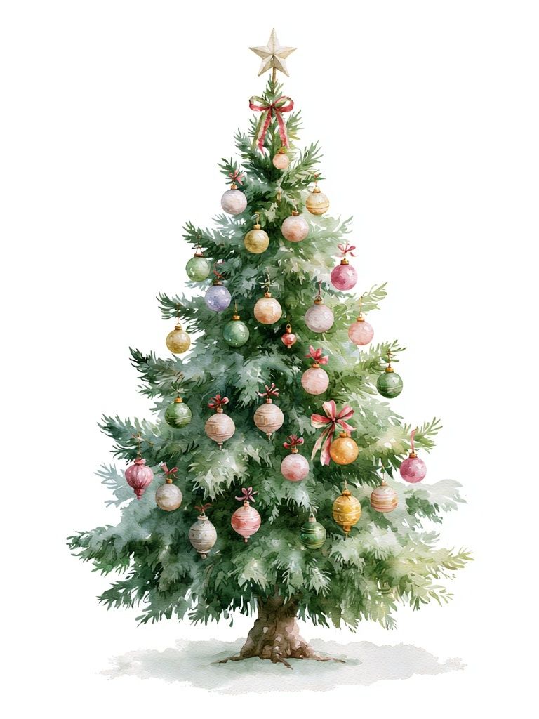 Decorated Christmas Tree Watercolor Print. poster — illustration art