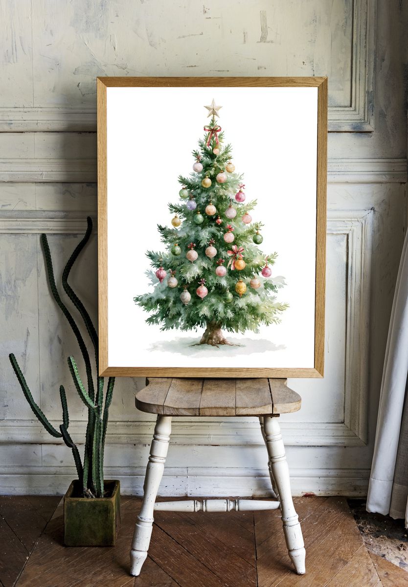 Decorated Christmas Tree Watercolor Print. room preview