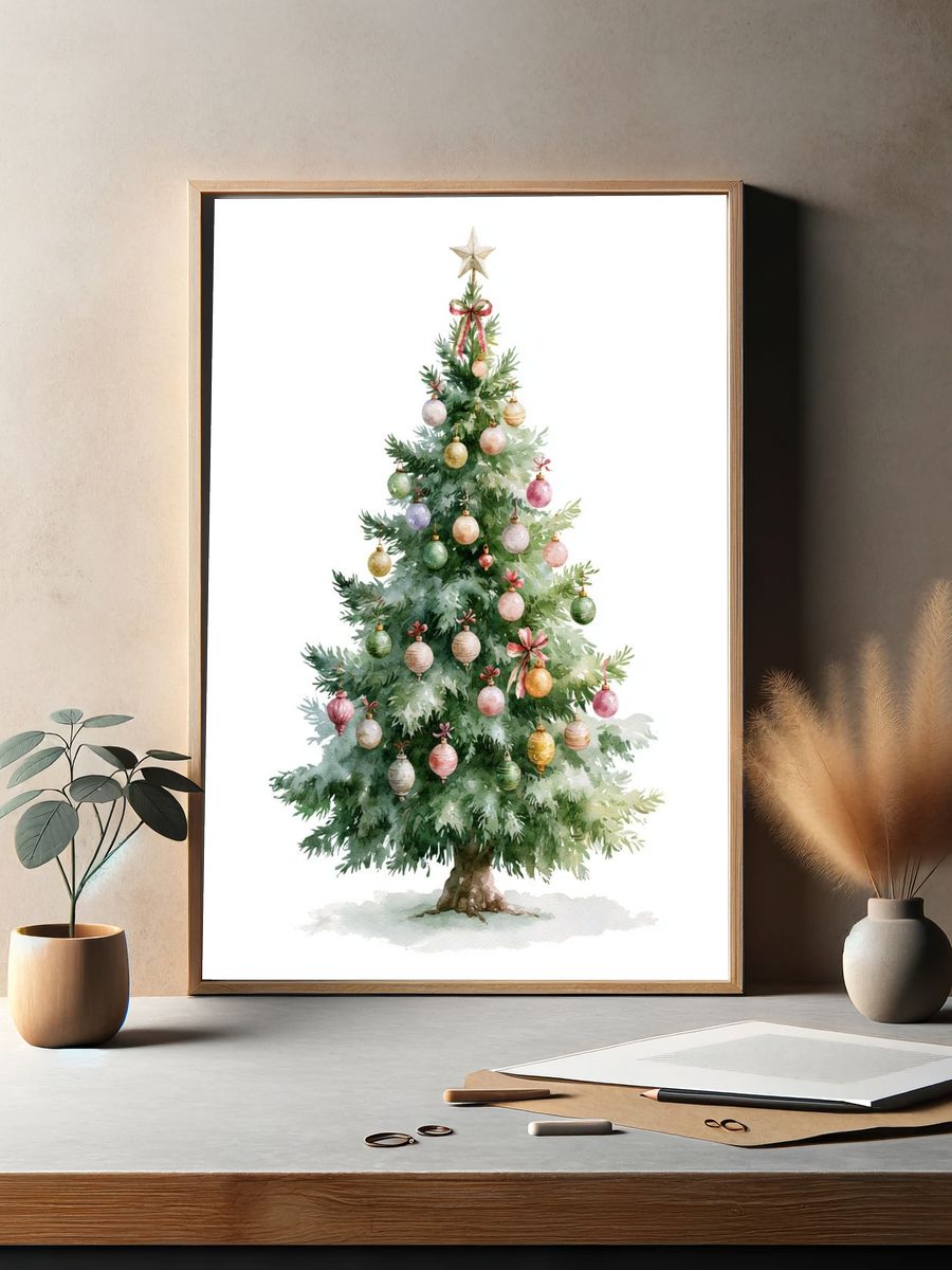 Decorated Christmas Tree Watercolor Print. — room view 2