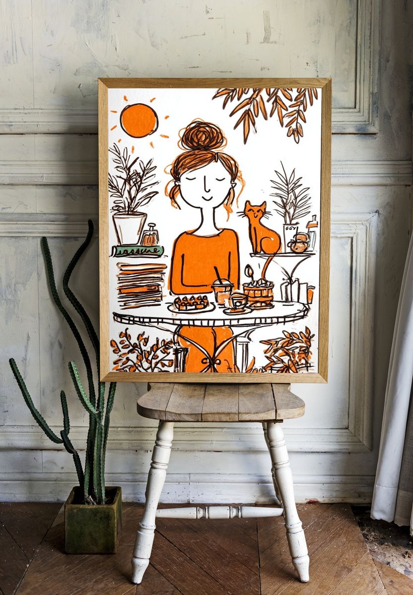 Orange Café Woman Illustration Poster. — room view 1