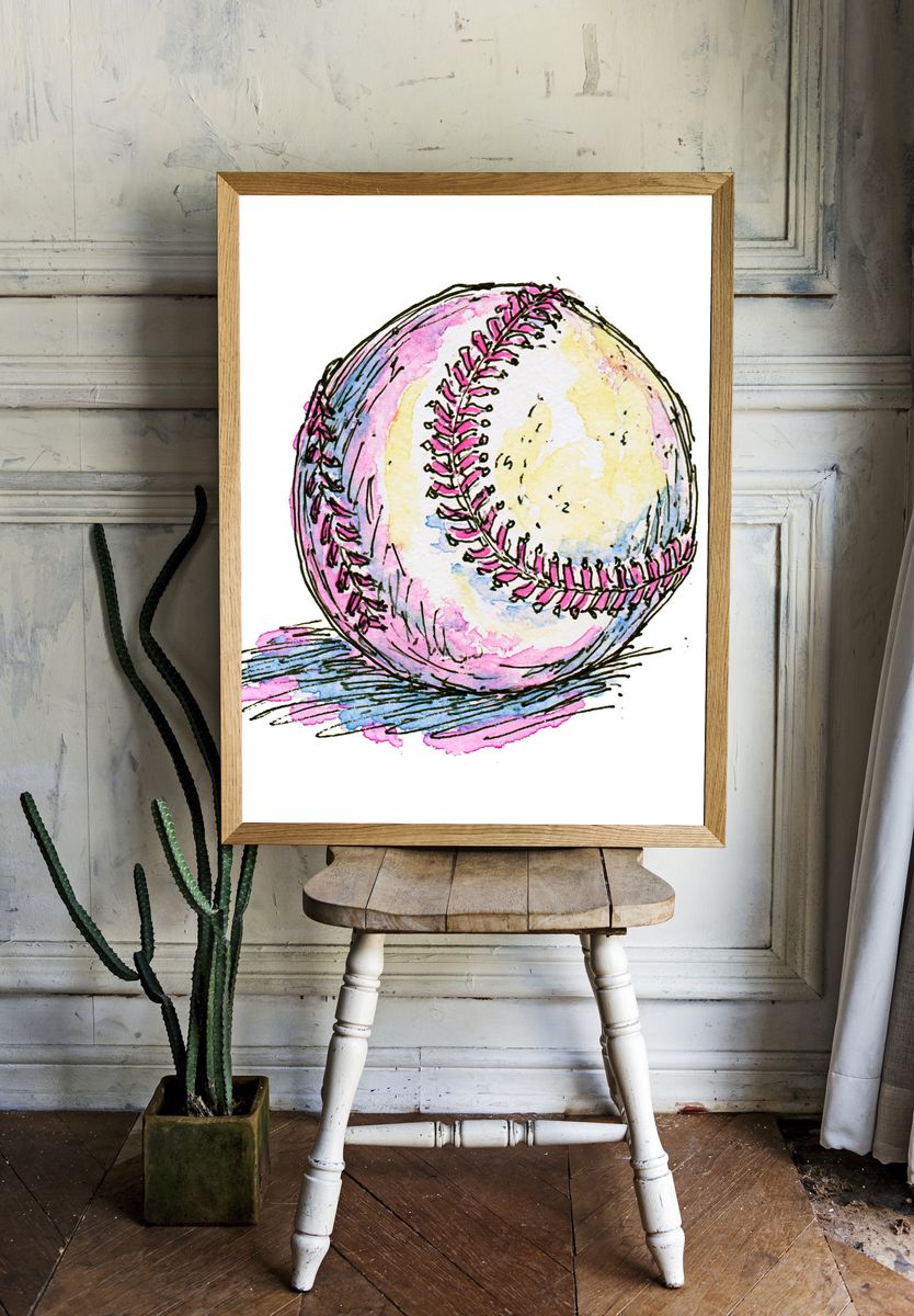 Watercolor Baseball Illustration Poster. — room view 1