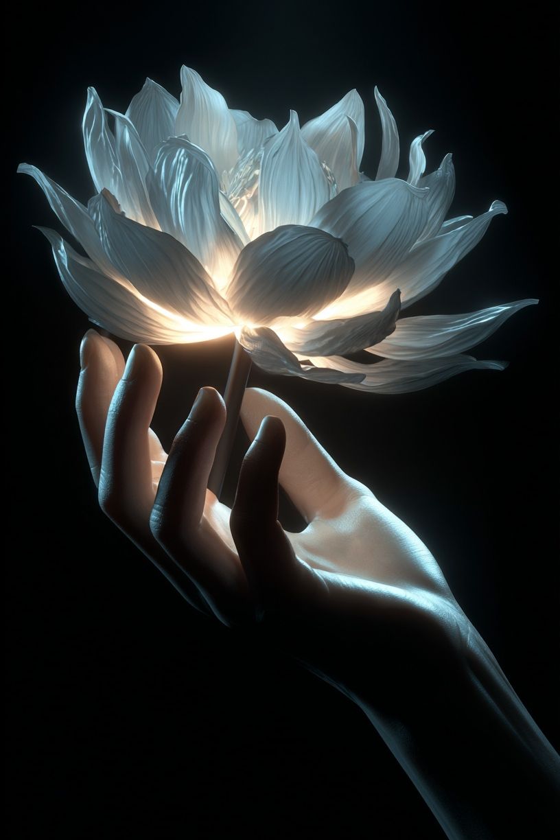 Glowing Lotus Hand Digital Art Poster. poster detail