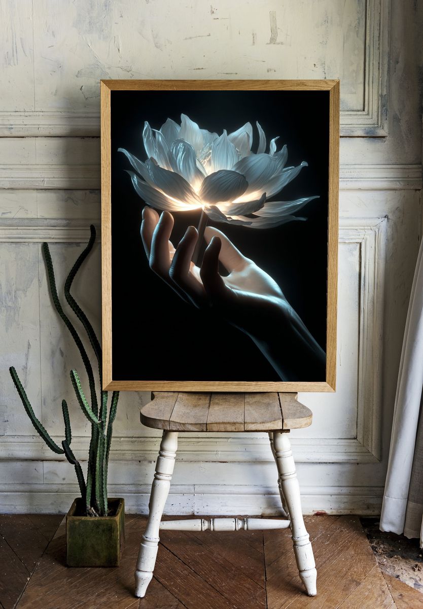 Glowing Lotus Hand Digital Art Poster. room preview