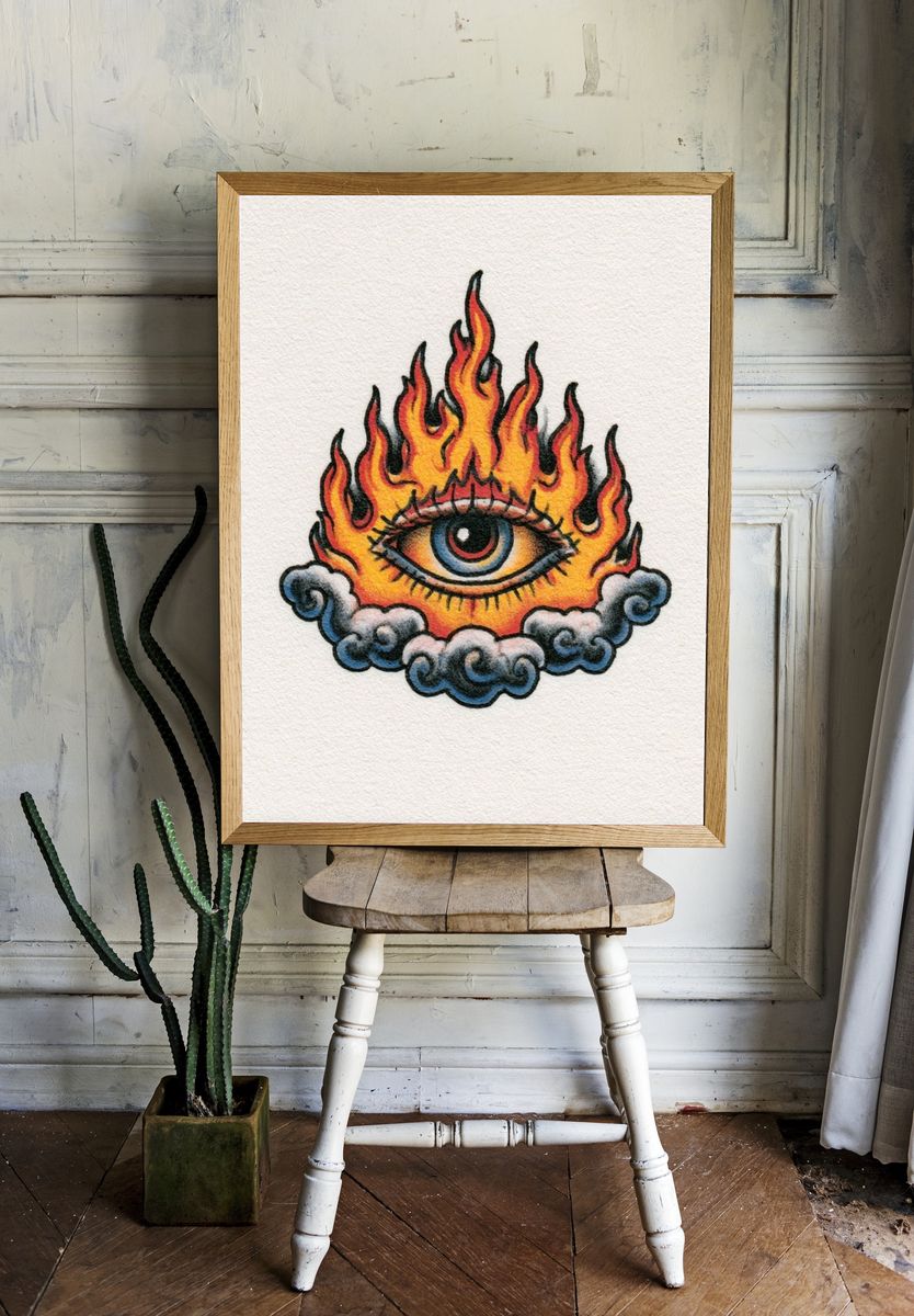 Flaming Eye Tattoo Illustration Poster. room preview