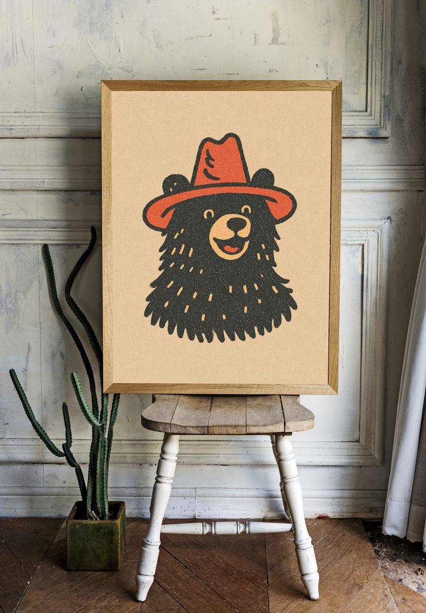 Bear in Red Hat Illustration Poster. room preview