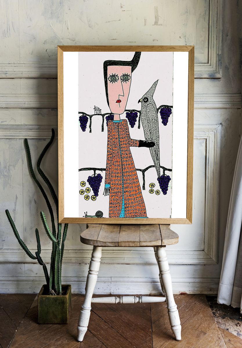 Surreal Woman and Bird Illustration Poster. — room view 1