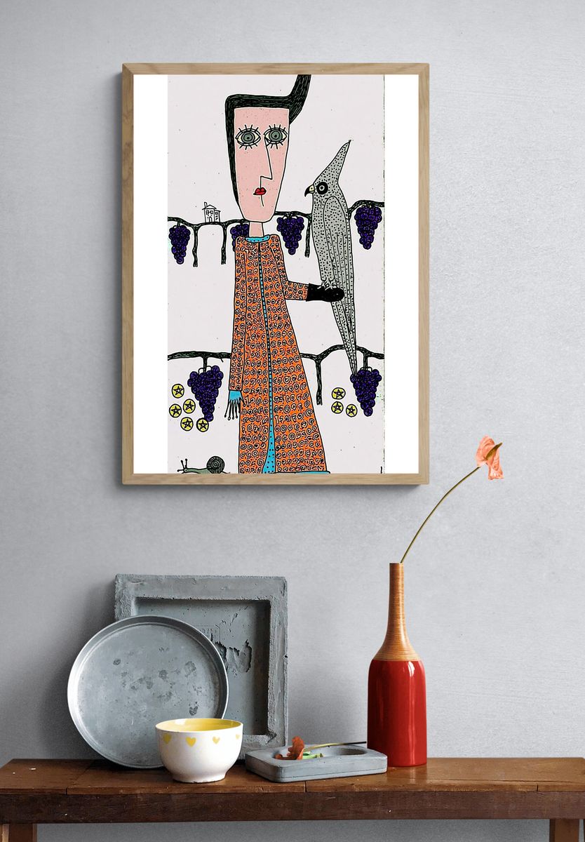 Surreal Woman and Bird Illustration Poster. — room view 3