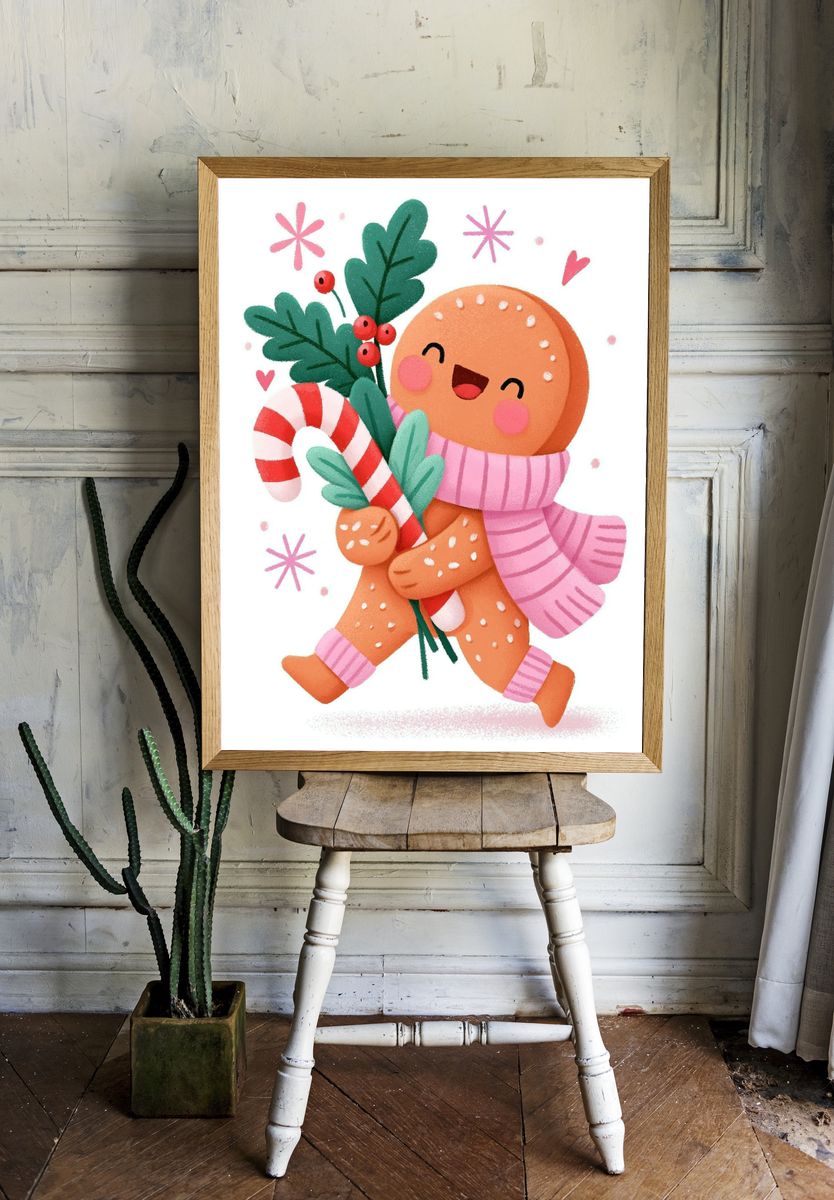 Gingerbread Cookie Holiday Illustration Poster. — room view 1