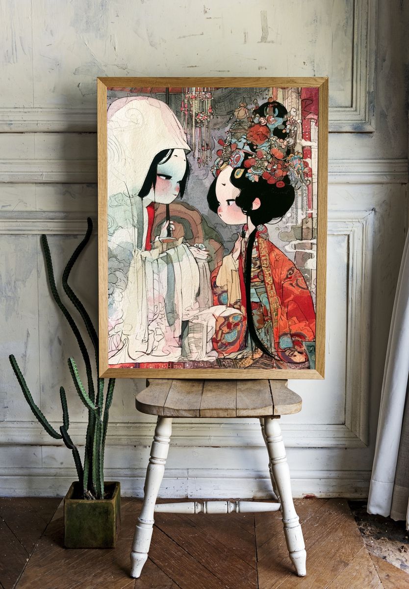 Chinese Opera Couple Illustration Poster. — room view 1