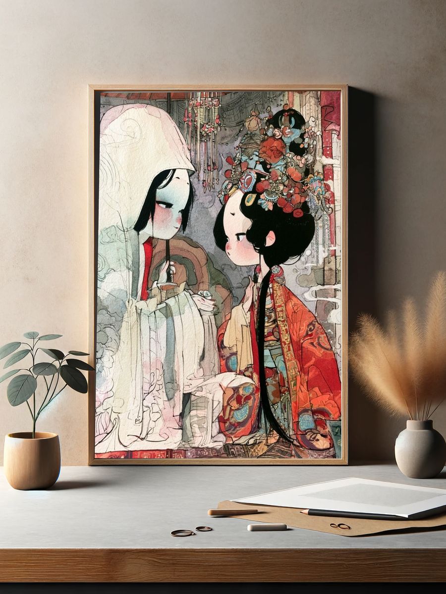 Chinese Opera Couple Illustration Poster. — room view 2