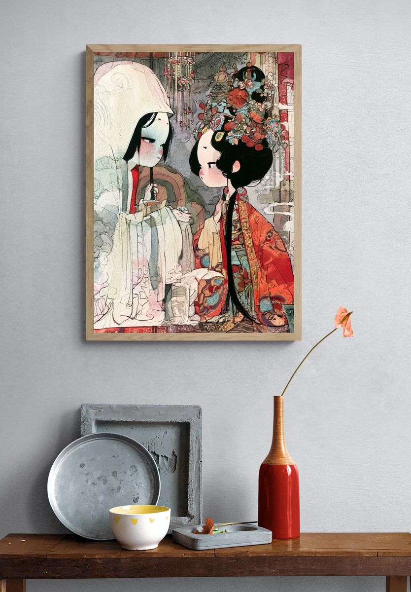 Chinese Opera Couple Illustration Poster. — room view 3