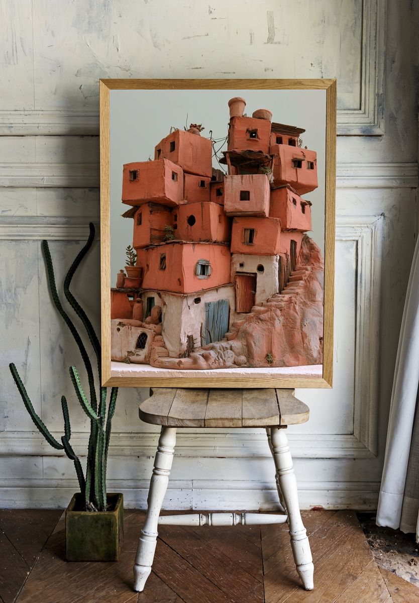 Desert Cliff Village Illustration Poster. — room view 1