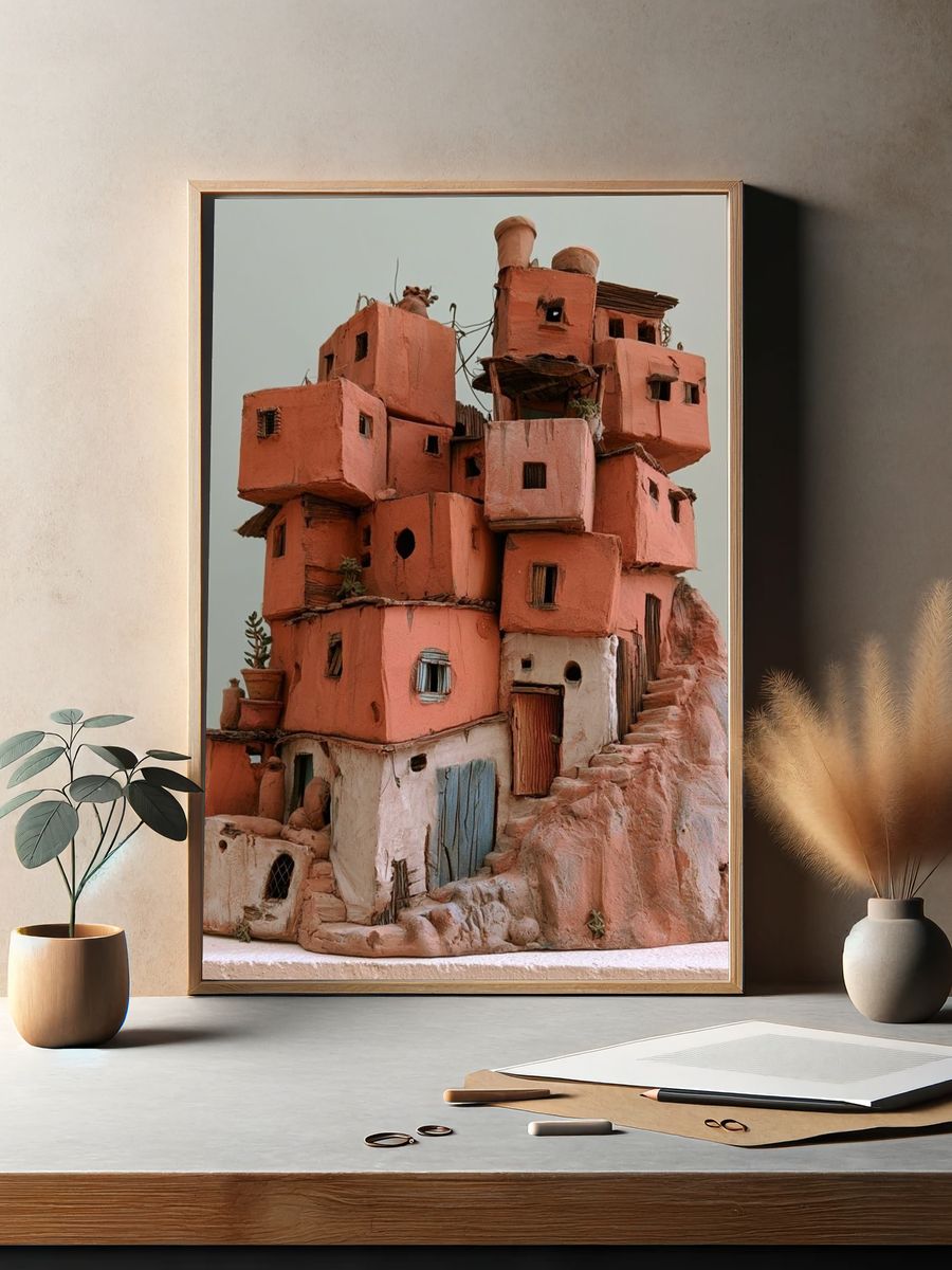 Desert Cliff Village Illustration Poster. — room view 2