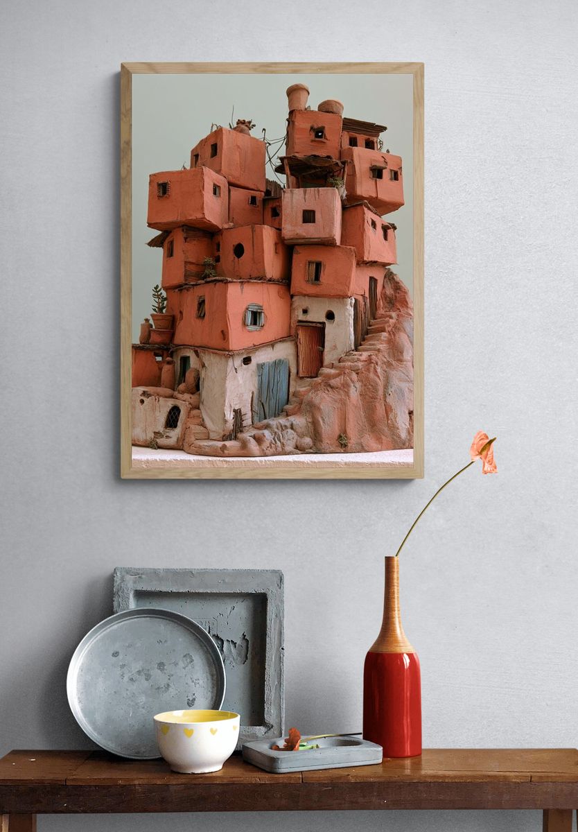 Desert Cliff Village Illustration Poster. — room view 3