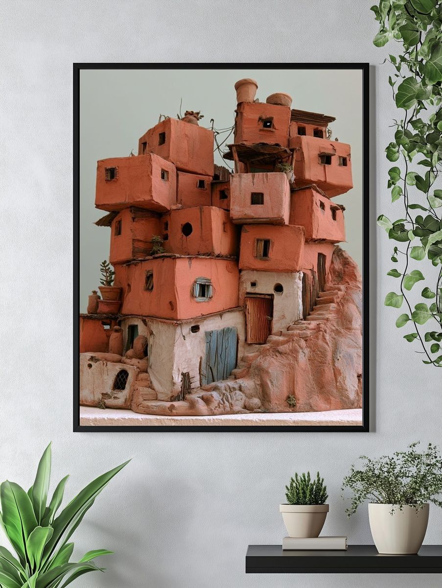Desert Cliff Village Illustration Poster. — room view 4