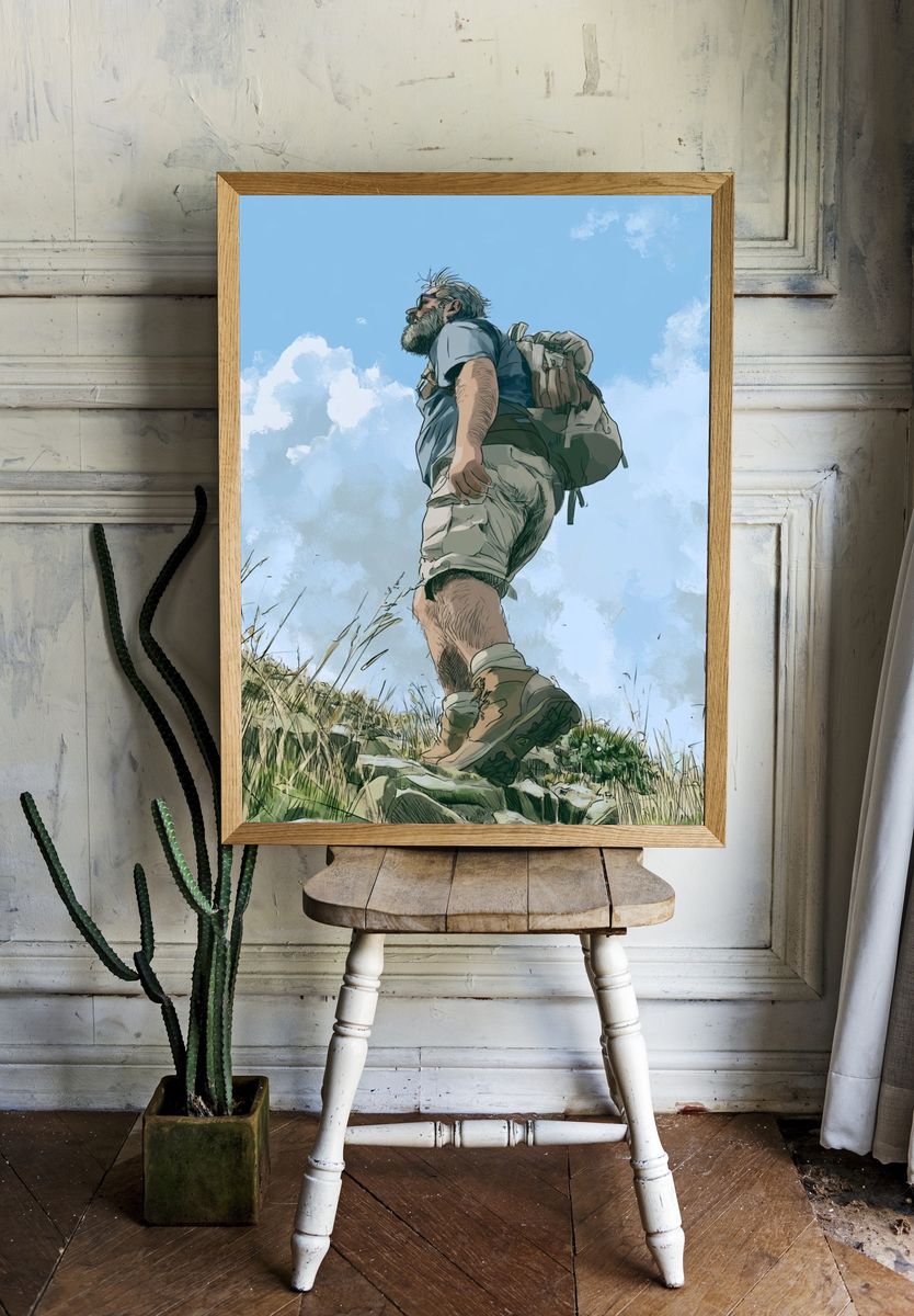 Hiker Under Blue Sky Illustration Poster. room preview