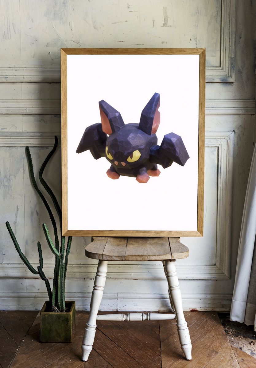 Low-Poly Bat Cat Illustration Poster. — room view 1
