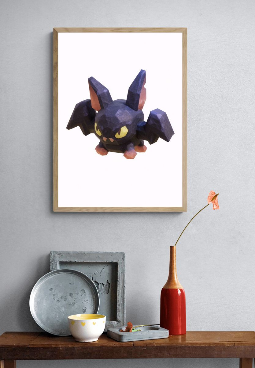 Low-Poly Bat Cat Illustration Poster. — room view 3