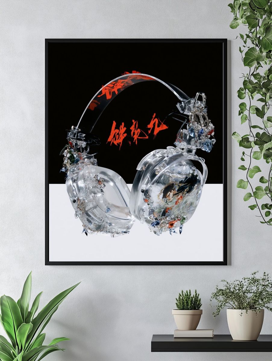 Crystal Headphones Digital Art Poster. — room view 4