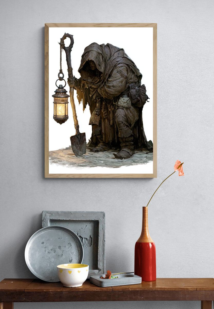 Hooded Lantern Keeper Illustration Print. — room view 3