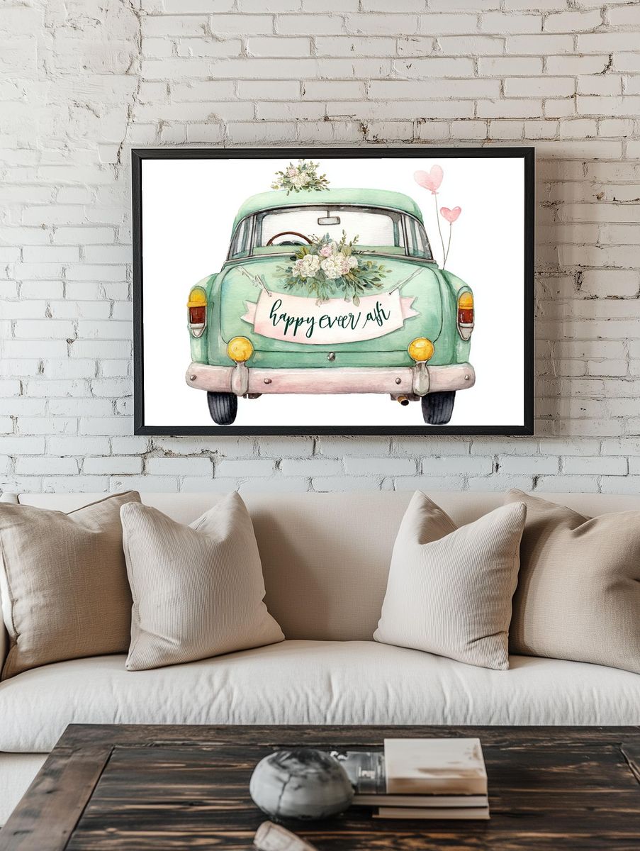 Happy Ever After Car Illustration Poster. room preview