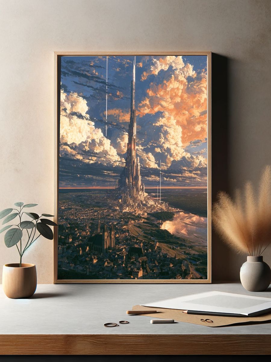 Futuristic City Spire Illustration Poster. — room view 2