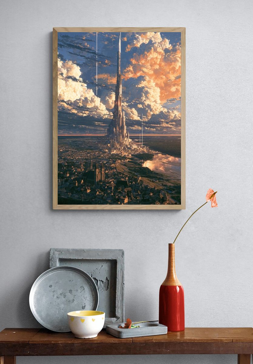 Futuristic City Spire Illustration Poster. — room view 3