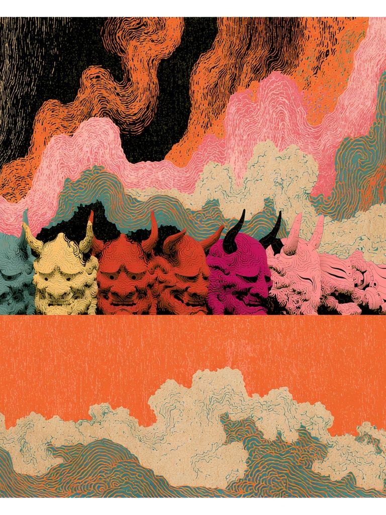 Colorful Horned Skulls Abstract Print. poster detail