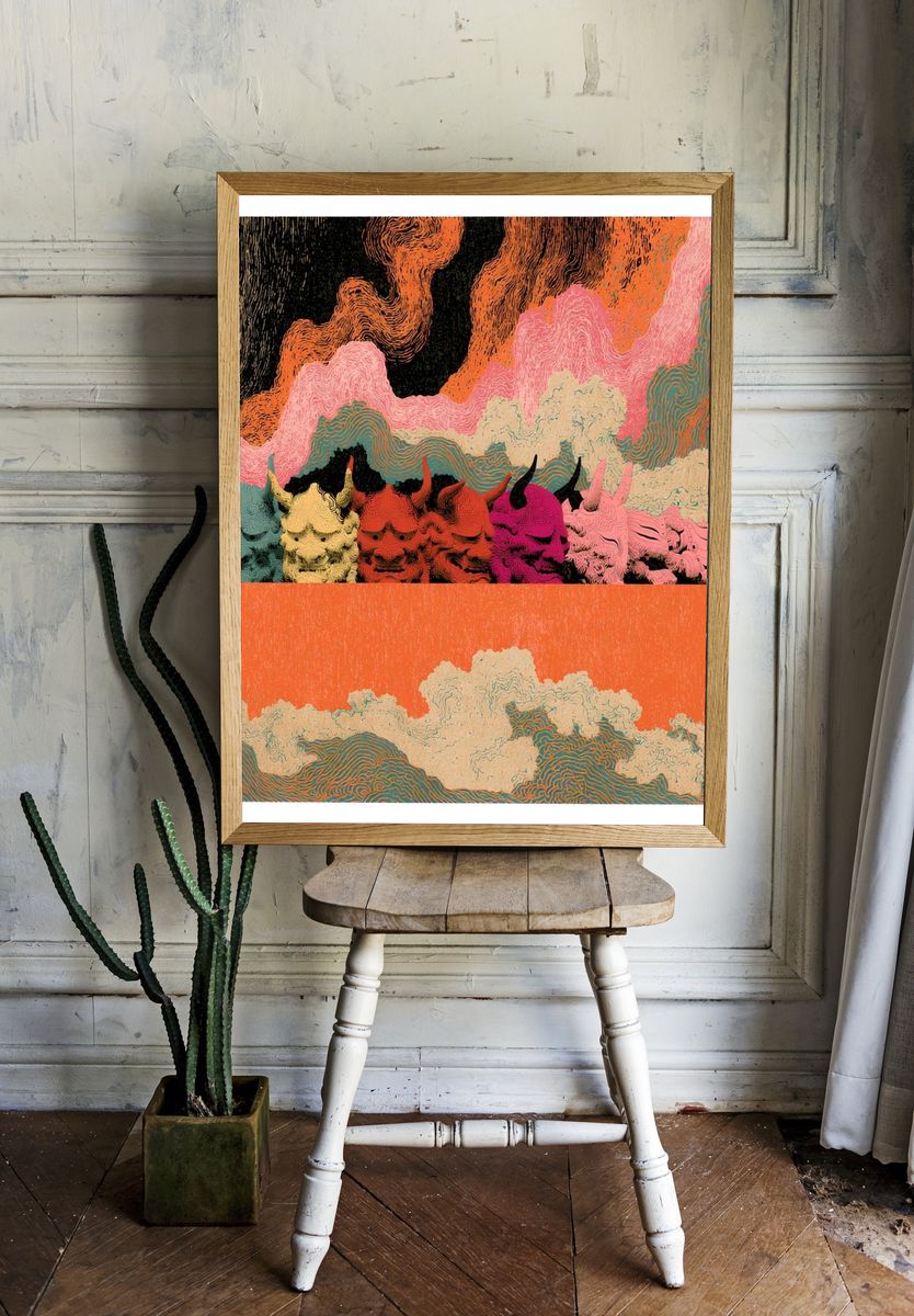 Colorful Horned Skulls Abstract Print. room preview