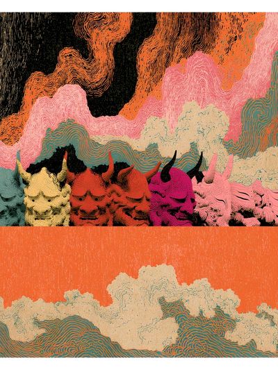 Colorful Horned Skulls Abstract Print. poster