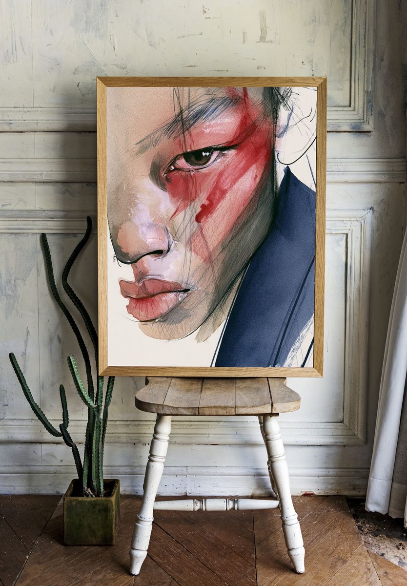 Abstract Face Watercolor Portrait Print. — room view 1