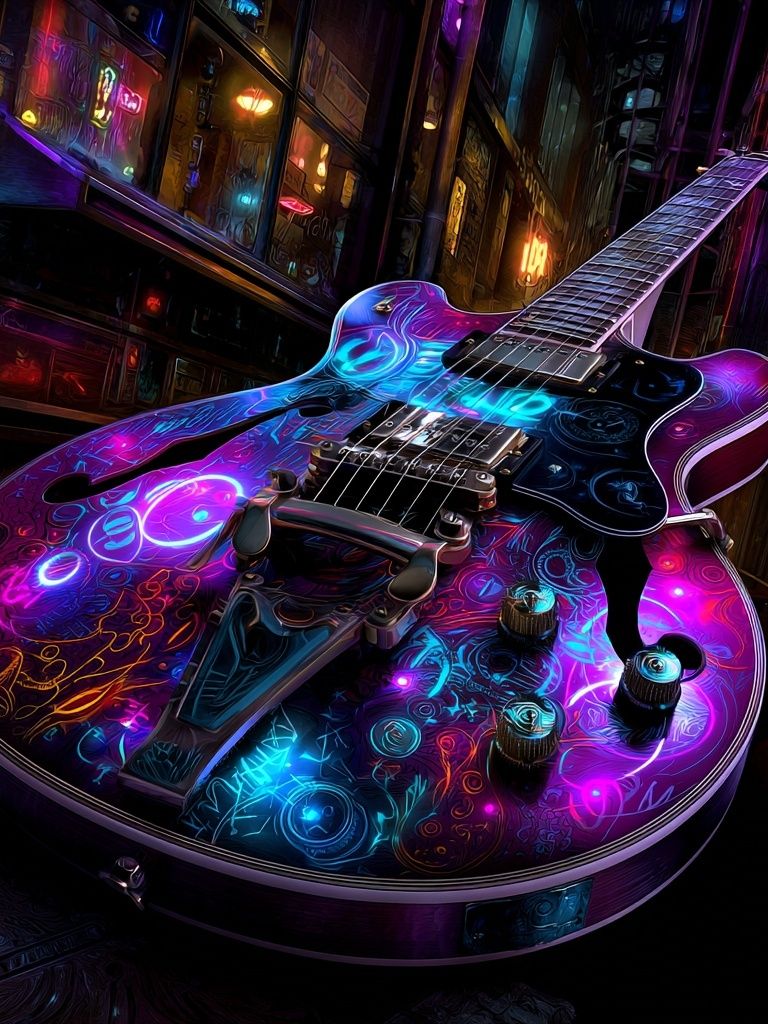 Neon Electric Guitar Digital Art Print. poster — illustration art