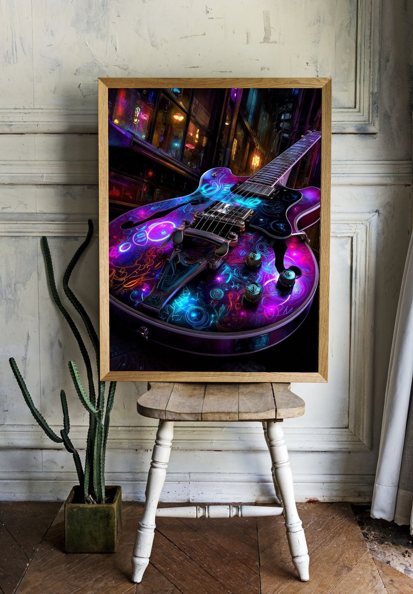 Neon Electric Guitar Digital Art Print. room preview