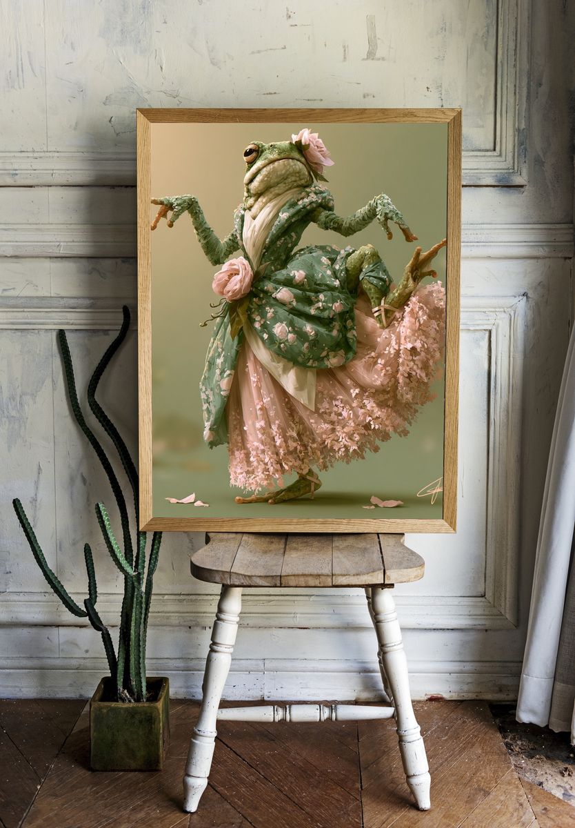 Floral Frog Ballet Illustration Poster. room preview