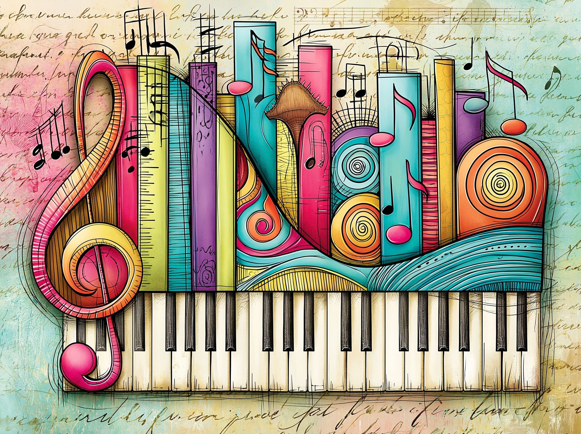 Colorful Piano Notes Illustration Poster. poster detail