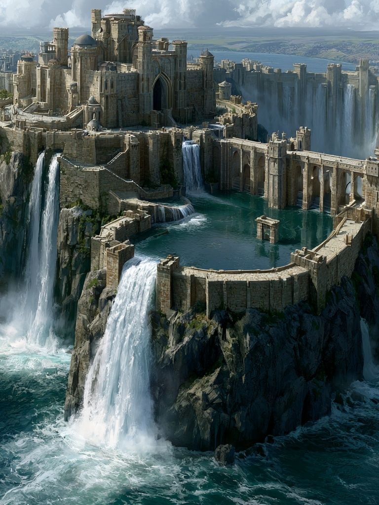 Waterfall Citadel Fantasy Print. poster — illustration art