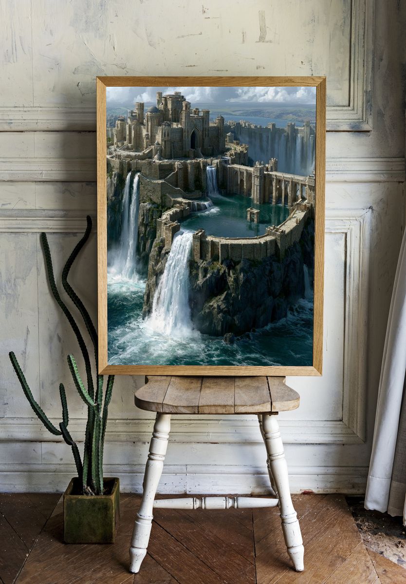 Waterfall Citadel Fantasy Print. room preview