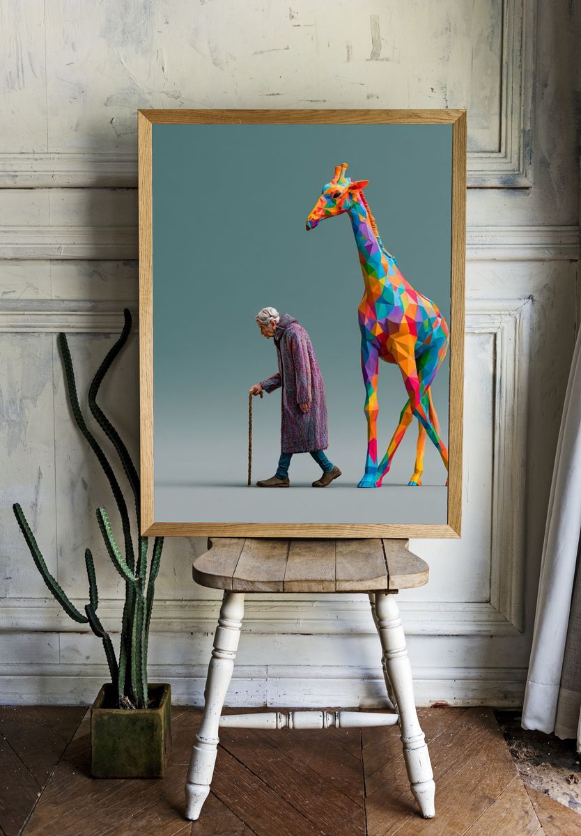 Elderly Woman and Giraffe Illustration Poster. room preview