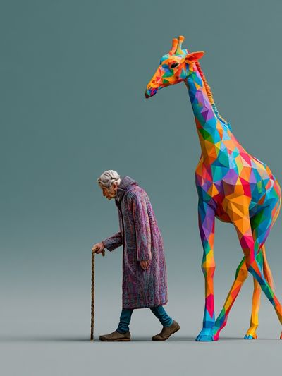 Elderly Woman and Giraffe Illustration Poster. poster print