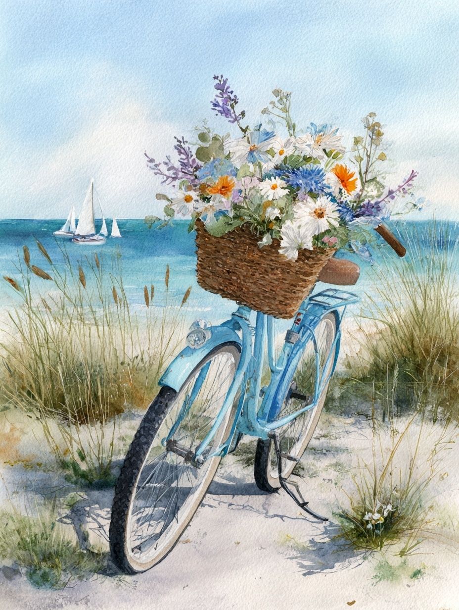 Beach Bicycle Watercolor Poster. poster — illustration art